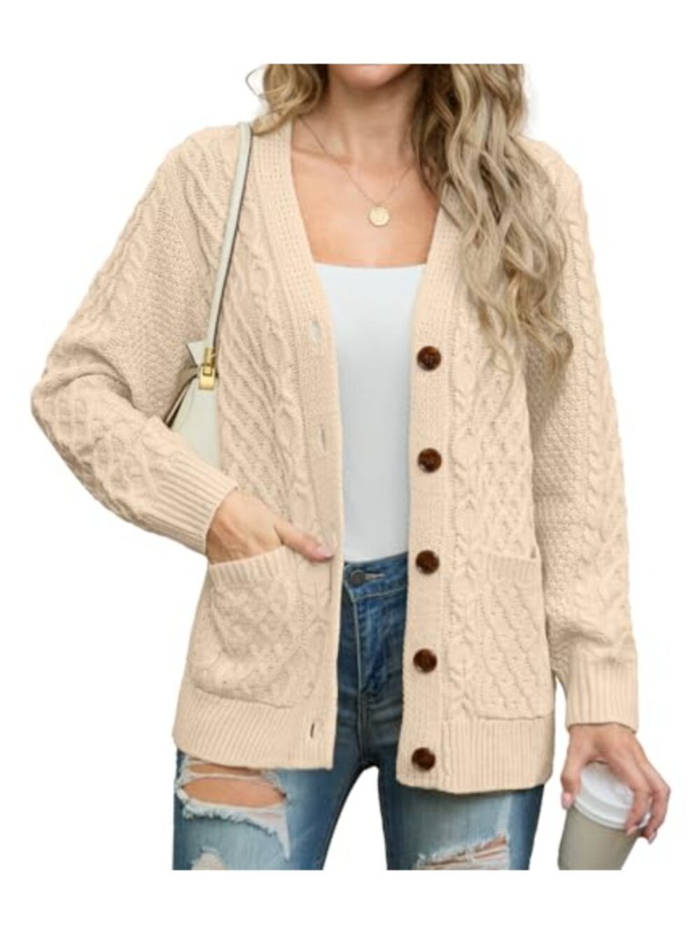 Cable Knit Cardigan Button Down Long Sleeve Sweater with Pockets